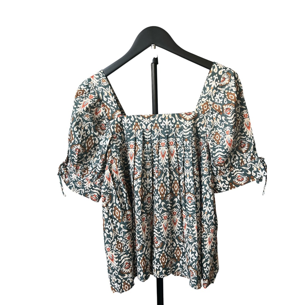 DR2 by Daniel Rainn Green Ikat Medallion Square Neck Puff Sleeve Cotton Blouse M